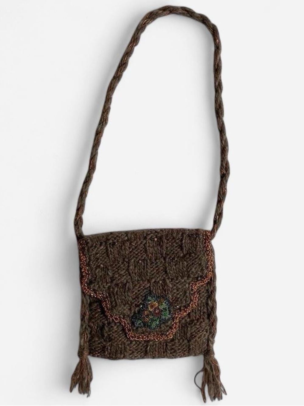 Handmade brown beaded knit bag